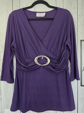 Daniel Laurent Purple Ruched Buckle Top Size Large Business Office Casual Y2K